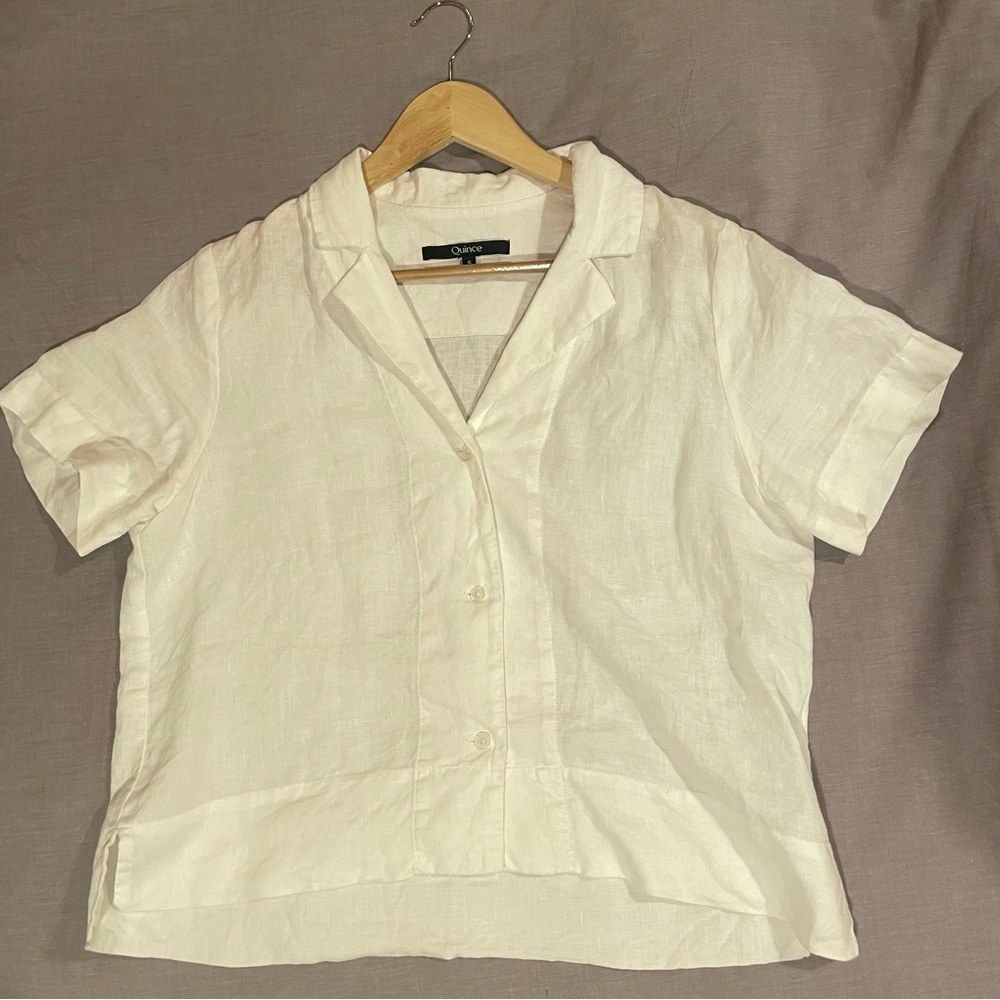 Quince Organic Linen Short Sleeve, White, Small